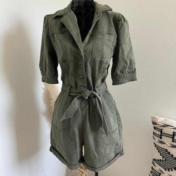PAIGE Mayslie Twill Puff Sleeve Denim Romper Olive Green Utility NEW Size 4 - Picture 5 of 15